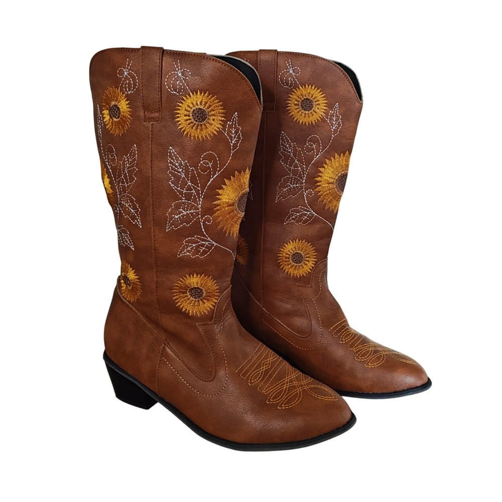 Unbranded Sunflower Western Boots Womens 9 Brown Embroidered Floral Pointed Toe